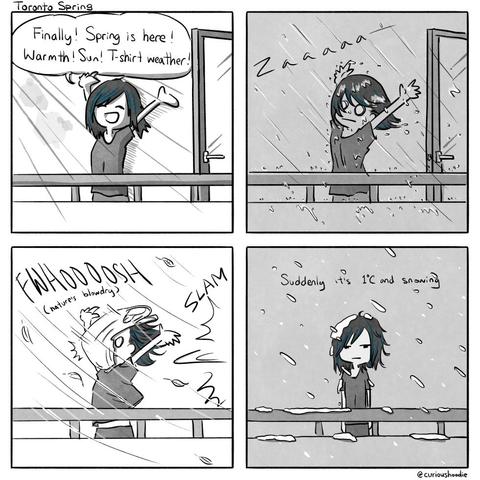 comic strip

title: "Toronto spring"

1.Me on a balcony, arm stretched upwards, sun shining, lens flare: "Finally! Spring is here! Warmth! Sun! T-shirt weather!"

2. Me, in the same pose but caught in a rain storm. sound effects: "Zaaaaaaa"

3. Still in the same pose. Rain stopped but it is now windy: "FWHOOOSH (natures blowdry)". A plastic bag flies onto my face. Door behind me slams shut "SLAM"

4. My arms down. Standing still looking annoyed. I'm now lightly covered in snow. Narration: "Suddenly it's 1°C and snowing"

signed: @curioushoodie