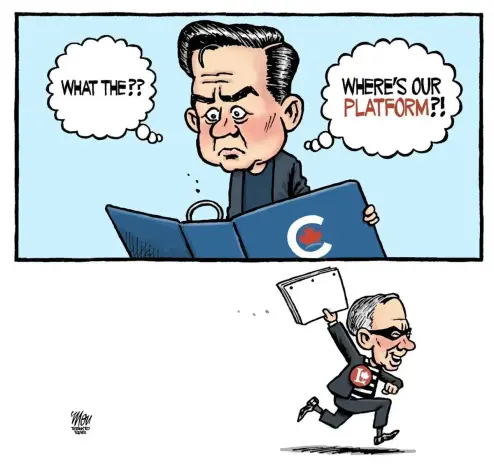 Editorial cartoon from the Toronto Star 2025-04-23
Pierre Poilievre looks into an empty binder.  "What the??  Where's our platform?" he says.

A masked Mark Carney is running off with the pages.