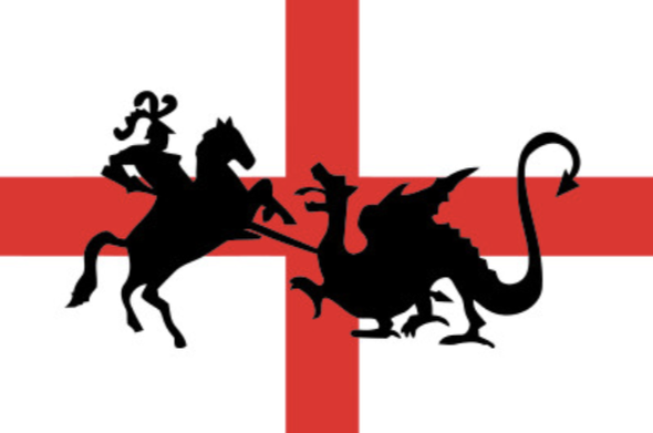 Flag of St George with silhouette of George as a knight on horseback slaying a dragon.