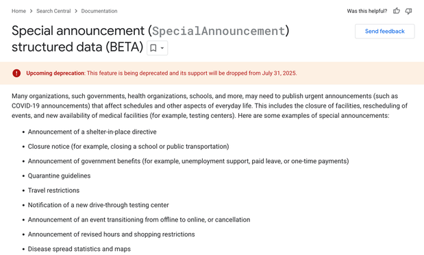 Google to deprecate special announcement structured data on July 31, 2025