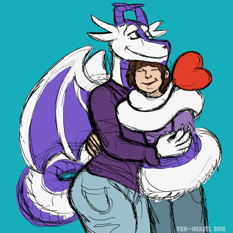 A dragon wrapping their tail round a human.