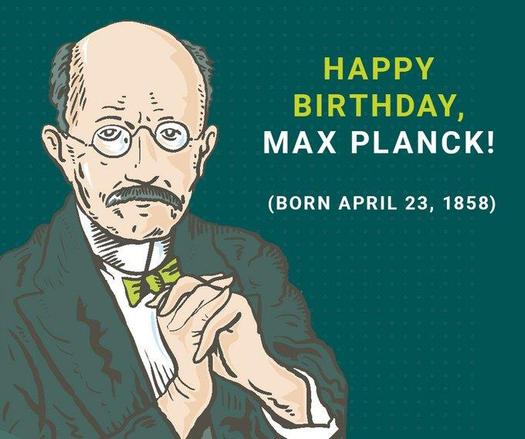 Illustration of an elderly man, about 80, with glasses, combed back grey hair and a moustache. He is wearing a green jacket and a bright green bow tie. The text reads: Happy birthday, Max Planck! Born April 23, 1858.  Image by Niels Schröder.