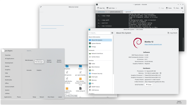 Screenshot of the development version of KDE Plasma 6.4 desktop runing on RISC-V mini SBC Banana Pi BPI-F3. Four windows are open: Konsole terminal emulator, Plasma Welcome, Dolphin file manager and Info Center showing system information. Also the application launcher menu is open. Desktop background is all white, panel and application launcher have no icons rendered, there is also almost no rendered content in Plasma Welcome window. Applications based on Qt Widgets render fine, those based on QML/QtQuick have rendering problems.
