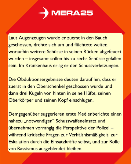 Laut Augenzeugen wurde er zuerst in den Bauch geschossen, drehte sich um und flüchtete weiter, woraufhin weitere Schüsse in seinen Rücken abgefeuert wurden – insgesamt sollen bis zu sechs Schüsse gefallen sein. Im Krankenhaus erlag er den Schussverletzungen.

Die Obduktionsergebnisse deuten darauf hin, dass er zuerst in den Oberschenkel geschossen wurde und dann drei Kugeln von hinten in seine Hüfte, seinen Oberkörper und seinen Kopf einschlugen.

Demgegenüber suggerieren erste Medienberichte einen nahezu „notwendigen“ Schusswaffeneinsatz und übernehmen vorrangig die Perspektive der Polizei – während kritische Fragen zur Verhältnismäßigkeit, zur Eskalation durch die Einsatzkräfte selbst, und zur Rolle von Rassismus ausgeblendet bleiben.