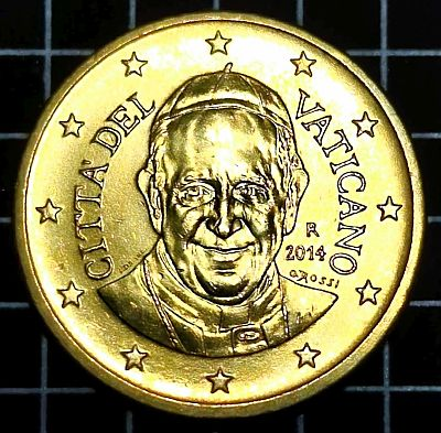 2014 Vatican 50 Euro Cents Obverse The frontal portrait of His Holiness Pope Franciscus is encircled by the inscription "CITTA' DEL VATICANO" (Vatican City) and the twelve stars of Europe. Script: Latin Lettering: CITTA' DEL VATICANO R 2014 LDS INC. O.ROSSI Translation: VATICAN CITY R 2014 LDS INC. O.ROSSI Engravers: Orietta Rossi, Luciana De Simoni