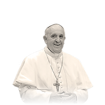 Black and white photo of Pope Francis in white vestments with cross around his neck, smiling, almost face on.