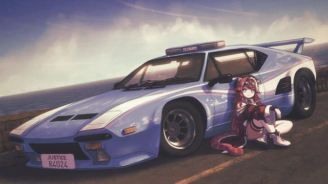 Raora Panthera sitting on the ground, leaning with her back onto De Tomaso Pantera sports car. The car has fictitious law enforcement livery