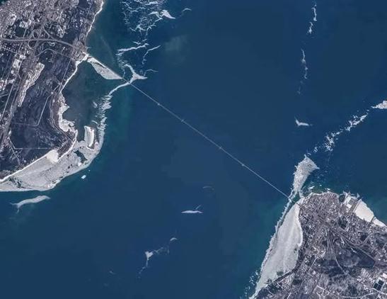 The Mackinac Bridge seen from the International Space Station