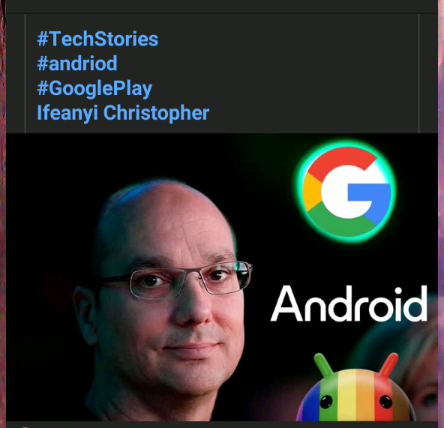 The screencap features a man with a bald head and glasses, positioned on the left side. He is looking directly at the viewer with a neutral expression. On the right side of the image, there is a lolcat style colourful Android logo with the word "Android" written below it. Above the man, there is a dark background with text in blue, including hashtags such as #TechStories, #android, #GooglePlay, and the name "Ifeanyi Christopher." The overall color scheme includes dark tones with the Android logo and text in contrasting colors.

 Ovis2-8B

🌱 Energy used: 0.145 Wh