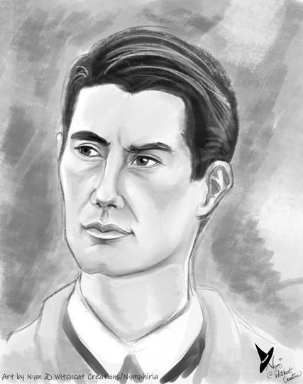 a digital art monochromatic photo study of Special Agent Dale Cooper from Twin Peaks