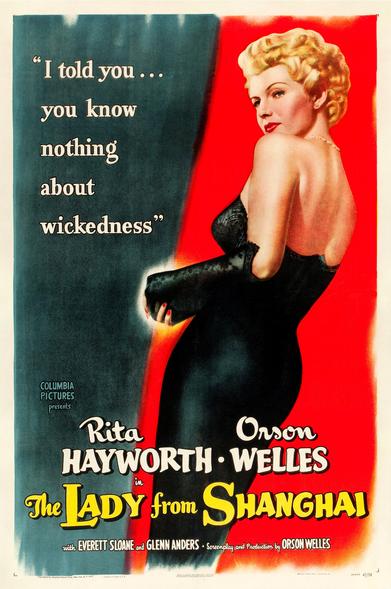 Historisches Filmplakat: Rita Hayworth zeigt Rücken im kleinen Schwarzen. Dazu die Angaben zum Film und das Zitat: "I told you... you know nothing about wickedness" („Ich habe dir doch gesagt, dass du nichts über Bosheit weißt.“)