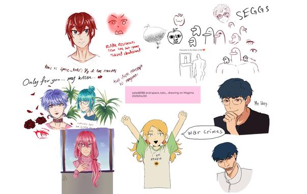 Various doodles of some anime characters including Riddle and Trey Clover from Twisted Wonderland, and original characters.