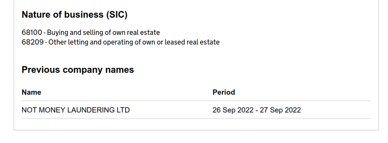 UK companies house screenshot Previous company names: NOT MONEY LAUNDERING LTD