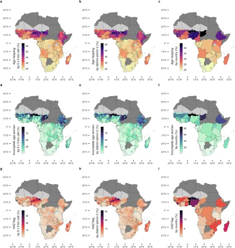 Graphic showing a–i Proportion of reported ages ending in 5 or 0 of all adults between 23 and 62 (’age heaping’) at (a) 5 × 5 km grid-cell level; (b) district level (admin-2); (c) country level. Share of interviewed women (15–49 years) with either the year or month of birth missing relative to all interviewed women (’incomplete age’) at (d) 5 × 5 km grid-cell level; (e) district level (admin-2); (f) country level. Missing or biologically implausible values for the attained heights of children (height-for-age z-scores, HAZ) according to World Health Organization (WHO) standards (’flagged HAZ’) at (g) 5 × 5 km grid-cell level; (h) district level (admin-2); (i) country level. Countries in dark grey are not in the sample. Grid cells with fewer than 10 people per 1 × 1 km and classified as barren or sparsely vegetated or grid cells with population data not available are colored light grey.