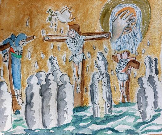 Palestinian man, woman and child crucified while God and dive of peace weeping. Fractured people stand watching while tears turn into ocean around their feet