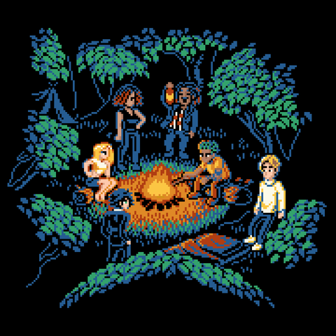 A retro pixel art campfire scene, with a canopy of leaves and branches framing the composition and 6 members of a band together from various backgrounds wearing modern attire. The campfire lights the center with orange-y hues before fading into a black night-time background.