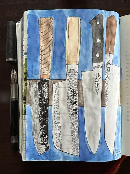 Sketch in sketchbook of four different kitchen knives