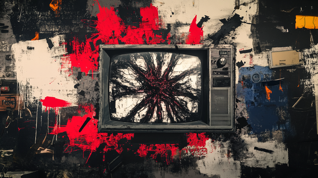Floraison Parasite.
Téléviseur ancien affichant une masse organique tentaculaire, au centre d’un chaos pictural saturé de rouge, noir et textures de chair abstraite.
Old television displaying a tentacled organic mass, at the center of a chaotic visual filled with red, black, and abstract flesh textures.