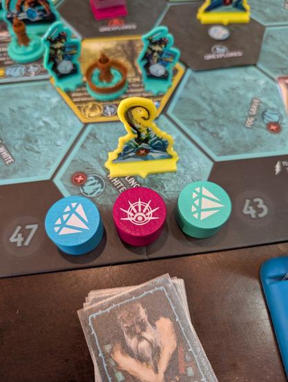 Closeup picture of score track of a game of Uprising: Curse of the Last Emperor. One player faction is one point ahead, one is one point behind the Legion enemy's score, which is a loss for the players.