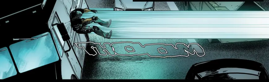The parkour man crashes into a delivery van hard enough to rock the van and leave a human-sized dent in it.