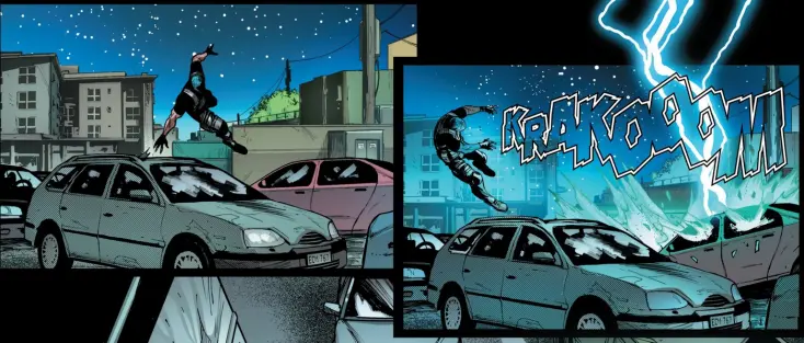 The parkour man vaults over a car, only to have his path intercepted by a bolt of lightning that flings him several feet back.