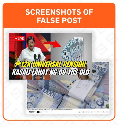 <p><strong>Claim:</strong> All senior citizens will receive a P12,000 pension from the government, to be distributed before the May 2025 national elections.</p>



<h5 class="wp-block-heading" id="h-rating-false">Rating: FALSE</h5>



<p><strong>Why we fact-checked this:</strong> The YouTube channel “Pulsong Pinoy,” which has 126,000 subscribers, has posted the claim multiple times within the past two months. The most popular video has garnered 52,175 views and 1,900 likes, while its most recent video has 4,316 views and 253 likes. </p>



<p>The video is titled “P12K universal social pension, <em>ipapamahagi na bago mag-eleksyon</em>! <em>Paano ito kunin</em>?&#8221; (P12,000 universal social pension will be distributed before the elections! How can it be claimed?) </p>



<p>Its thumbnail shows a photo of President Ferdinand Marcos Jr. and images of P1,000 bills.</p>



<p>When watching the video, more photos of these bills are flashed across the screen, while the audio of an interview with then-National Commission of Senior Citizens (NCSC) chair Franklin Quijano plays in the background.</p>



<figure class="wp-block-image size-large"><img alt="" class="wp-image-2965753" height="1024" src="https://www.rappler.com/tachyon/2025/04/2023-fact-check-full-post-18-1.jpg?fit=1024%2C1024" width="964" /></figure>



<p><strong>The facts:</strong> A proposed measure granting universal social pension to all senior citizens has not yet been passed into law. While <a href="https://docs.