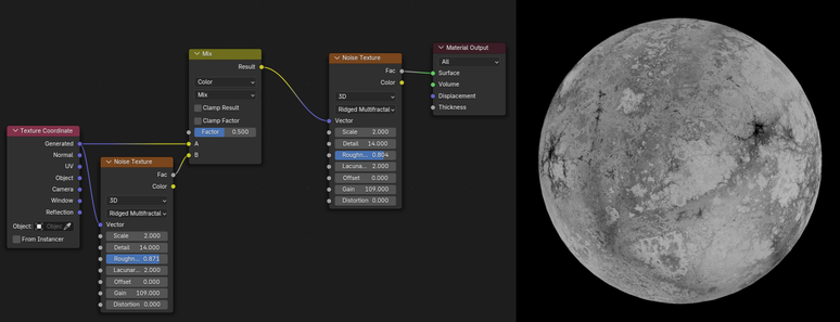 A blender 4.4 screenshot showing a setup of nodes on the right that makes a shader and the result on a sphere on the right.

It looks a bit like a moon