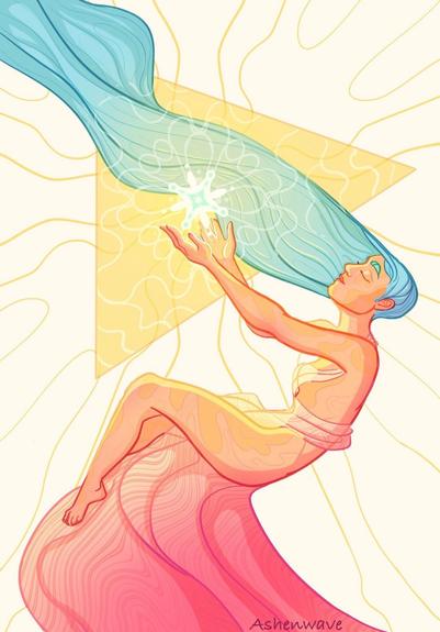 Digital illustration of a woman holding a star. She is floating, arms outstretched, hands cradling it. She is wearing a flowing loose tunic and her long blue hair moves with the wind.