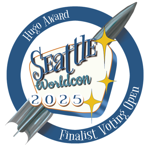 Seattle Worldcon 2025 icon with rocket indicating Hugo Voting is now open.