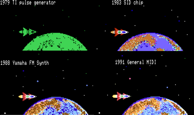 screenshot of a space shoot 'em up video game where it's split in 4 quarters, each showing a different era of computer video game. In each of the 4 images, you see a space background with stars, a planet and a ship rocketing towards the right.
Top left: in monochrome green showing "1979 TI pulse generator"
Top Right: in more colors reminescent of the C64, but still limited showing "1983 SID Chip"
Bottom Left: even more colors, showing "1988 Yamaha FM Synth"
Bottom Right: even more colors, showing "1991 General MIDI".
These texts refer to the F256K2 sound chips being used in each era while the game is playing. Click on the video link to hear them!