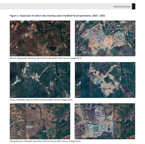 satellite imagery showing the growth of crime compounds in south east asia over a few year period