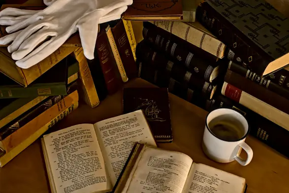 Zwei sehr alte Gedichtbände aus dem 19ten Jahrhundert liegen aufgeschlagen auf dem Tisch, darum herum neben einer Tasse Kaffee viele andere Bücher, teils gestapelt, teils aufrecht. Auf einem der Stapel liegt ein Paar Baumwollhandschuhe, die ich trage, um das alte Papier nicht zu beschmutzen. Die Bücher stammen aus den 1930ger Jahren und früher. Man erkennt Titel wie Tolstois Anna Karina und die Bekenntnisse des Hochstablers Felix Krull von Thomas Mann. Auch ein gesammeltes Werk von Shakespear versteckt sich rigendwo in einem der Stapel.