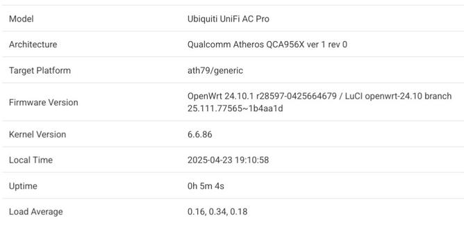 Screenshot of version page of openwrt