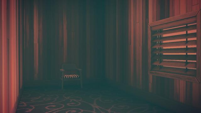 Animal Crossing: New Horizons screenshot. Image of a narrow darkened hallway with a single wooden chair at the end of it. The walls have wooden paneling of alternating shades of brown. There is a single window that has wooden slat blinds.