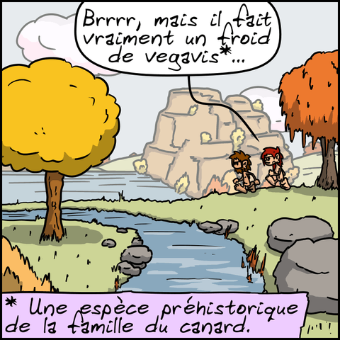 Jean-Cro et Magnon sont en train de marcher dans la nature automnale. Magnon : « Brrrr, mais il fait vraiment un froid de vegavis*… » La note (*) précise : « Une espèce préhistorique de la famille du canard. ».