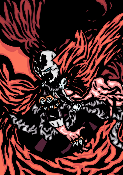 Spawn with its red giant cape. His right-hand points at the screen, looking at the reader/user. It's a tribute cover to Spawn 01