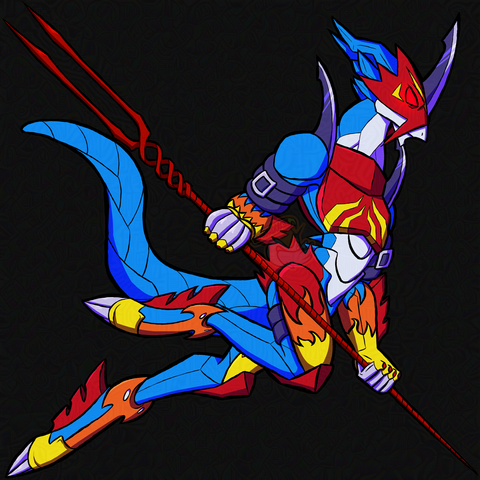 image is a digital drawing of Flamedramon from the series Digimon Adventure 02, reimagined to have a subtle mechanical appearance themed after the series Neon Genesis Evangelion.
