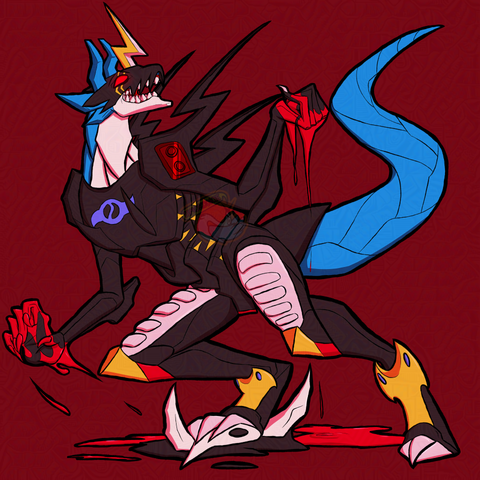image is a digital drawing of Raidramon from the series Digimon Adventure 02, reimagined to have a subtle mechanical appearance themed after the series Neon Genesis Evangelion.
