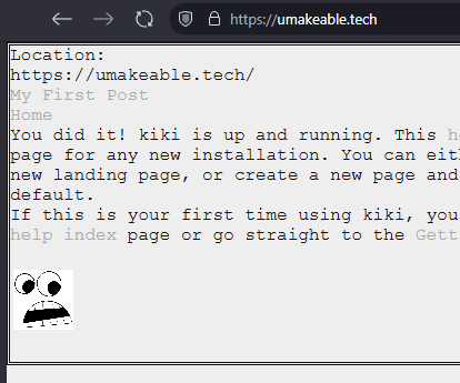 a screen shot of uMakeable.tech- a new kiki instance with default text. this serves as a start of a site that will attempt to enable help to more than one sense on subjects- ie this alt text is for whoever needs it or enjoys it. I would like umakeables to be useeable, uhearable, utouchable, etc as much as we can with the limited, or rather no resources that we have. to me this is a labor of love to anyone who enjoys learning about what we can do with what is around us, and the power of presenting in multiple formats to help us think deeper about our crafts. thank you for coming along with me on this journey, I hope it serves you well. 
Text is as follows:
Location:
https://umakeable.tech/
My First Post
Home
You did it! kiki is up and running. This home page, is the default index page for any new installation. You can either edit this page to be your new landing page, or create a new page and set that one to be the default.

If this is your first time using kiki, you'll probably want to read the help index page or go straight to the Getting Started Guide.