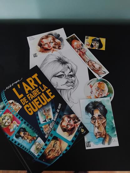 Album de caricatures de Maëster et goodies fraîchement déballés.