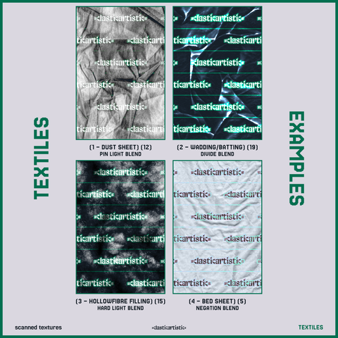 Textiles examples 1 – Main bottom caption: scanned textures, -clasticartistic-, Textiles. Main side caption: Textiles, Examples. Texture top left: (1 – Dust Sheet) (12), Pin Light Blend. Texture top right: (2 – Wadding/Batting) (19), Divide Blend. Texture bottom left: (3 – Hollowfibre Filling) (15), Hard Light Blend. Texture bottom right: (4 – Bed Sheet) (5), Negation Blend.