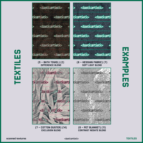 Textiles examples 2 – Main bottom caption: scanned textures, -clasticartistic-, Textiles. Main side caption: Textiles, Examples. Texture top left: (5 – Bath Towel) (2), Difference Blend. Texture top right: (6 – Hessian Fabric) (7), Soft Light Blend. Texture bottom left: (7 – Cotton Duster) (14), Exclusion Blend. Texture bottom right: (8 – Pet Blanket) (11), Contrast Negate Blend.