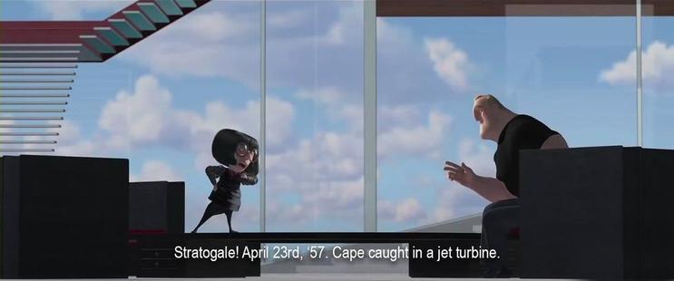 A scene from a 3D animated film. A tiny stylish woman with short hair and big glasses is berating a big beefy man. “Stratogale! April 23rd, ‘57. Cape caught in a jet turbine.”