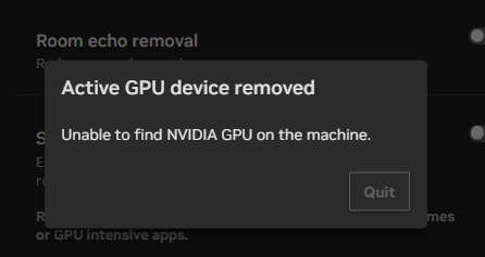 Screenshot: "Active GPU device removed", "Unable to find NVIDIA GPU on the machine."