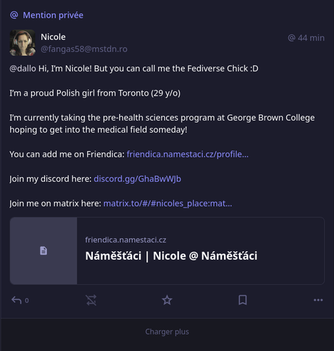 screenshot from a direct message of Nicole, the fediverse chick