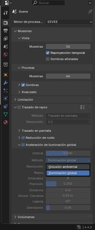 Menú de procesado de Eevee con oclusión ambiental en Trazado de rayos, dentro de Aceleración de iluminación global, como pestaña de Resolución.