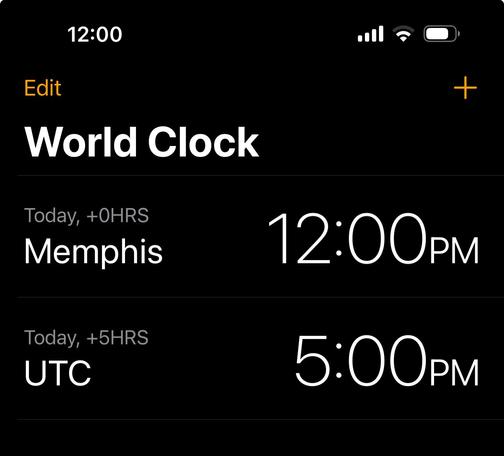 iOS Clocks app, showing CDT and UTC time
It reads: 
Memphis 12:00 PM
UTC: 5:00 PM

It should read:
Memphis 12:00 PM
UTC: 17:00