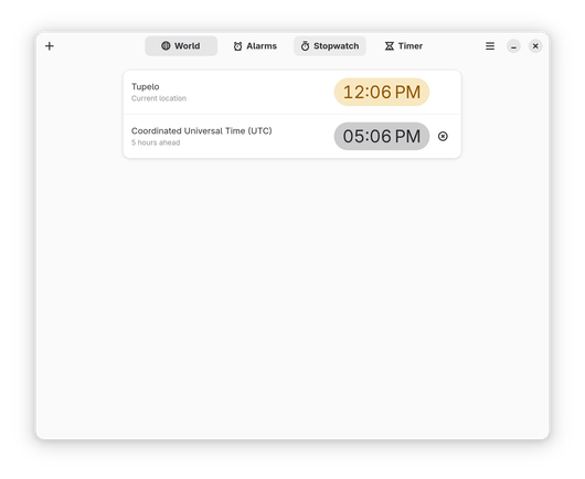GNOME Clocks app, showing CDT and UTC time