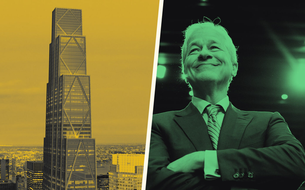 Net-sourced image of JPMorgan Chase Bank NA Chairman Jamie DImon and the Chase Bank Tower in NYC.