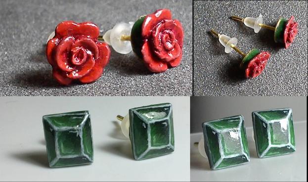 Top: Rose earrings.
Bottom: Painted green gem earrings.
